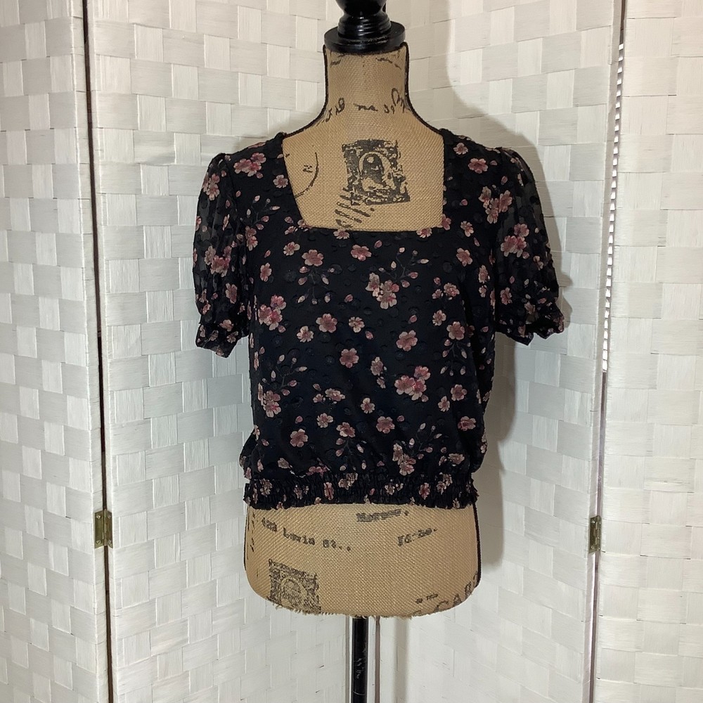 life sheer black floral cropped blouse size medium
